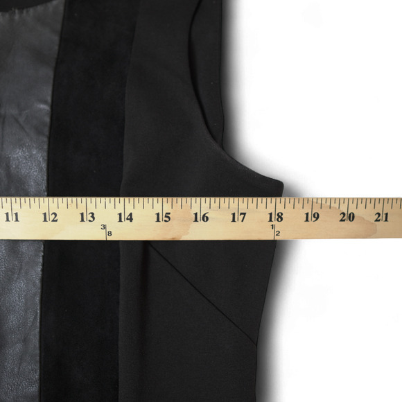 Calvin Klein Sheath Dress Sz 12 Black Leather Panel Edgy Sleeveless Needs Repair - Picture 10 of 13